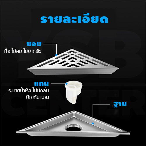 ตะแกรงระบายน้ำ ท่อเข้ามุม ชิดมุม สแตนเลส 304 สามเหลี่ยมเข้ามุม CM0030 - CM0031