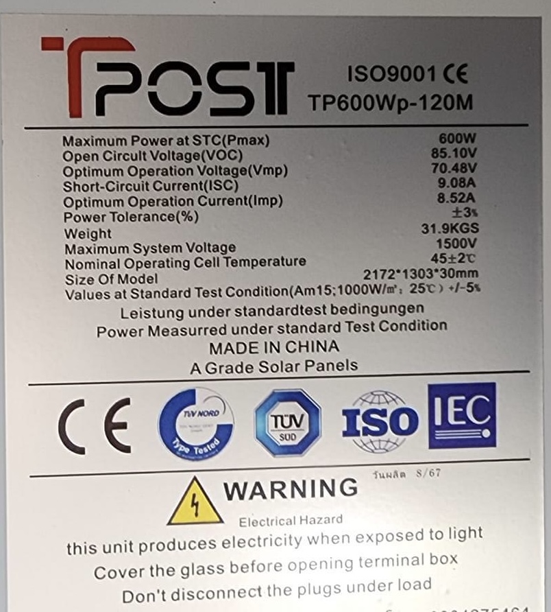 แผง High Volt โซล่าเซลล์ 600W Mono ค่า โวลต์ 85.10V ค่า แอมป์ 8.52A