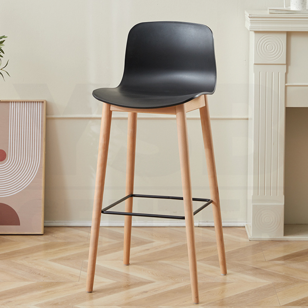 เก้าอี้บาร์ ทรงสูง เคาน์เตอร์บาร์ เฟอร์นิเจอร์แต่งบ้าน ที่นั่งพลาสติก PP ขาไม้ เบาะสูง F1C0132 - F1C0136