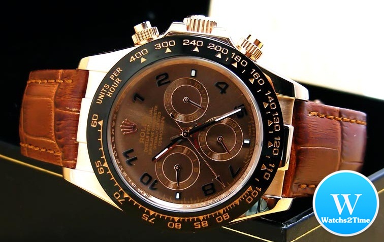 นาฬิกา Rolex Cosmograph Daytona Everose Gold Bezel Ceramic Black Leather Dial Chocoloate New Series 2012