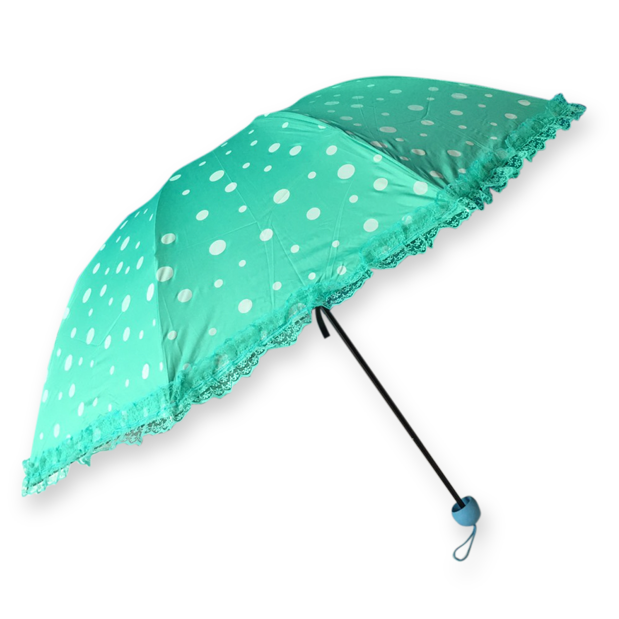 ร่มโค้งแฟชั่นลายจุดโดนแสงเปลียนสีได้ไม้มีระบายยูวีสีดำ