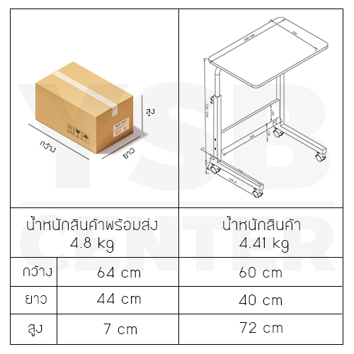 โต๊ะคอมพิวเตอร์ โต๊ะอ่านหนังสือ อเนกประสงค์ ปรับระดับ + ล้อเลื่อน ขนาด 60x40 cm. ฉากไม้
