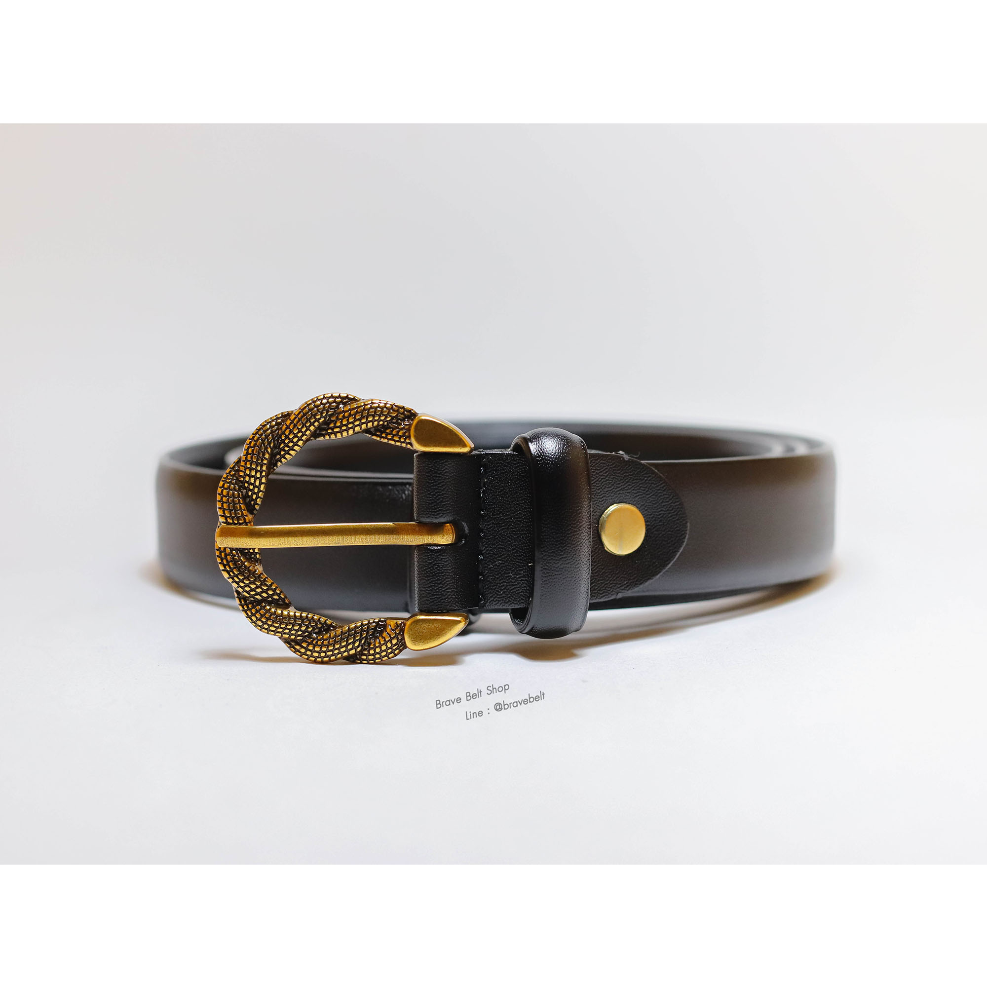 เข็มขัดหนังแท้ผู้หญิงสีดำ หัวเข็มขัดสีทองสวย