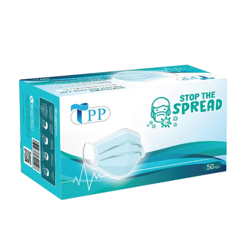 หน้ากากอนามัย 3 ชั้นสีเขียว ยี่ห้อ TPP กล่อง 50 ชิ้น
