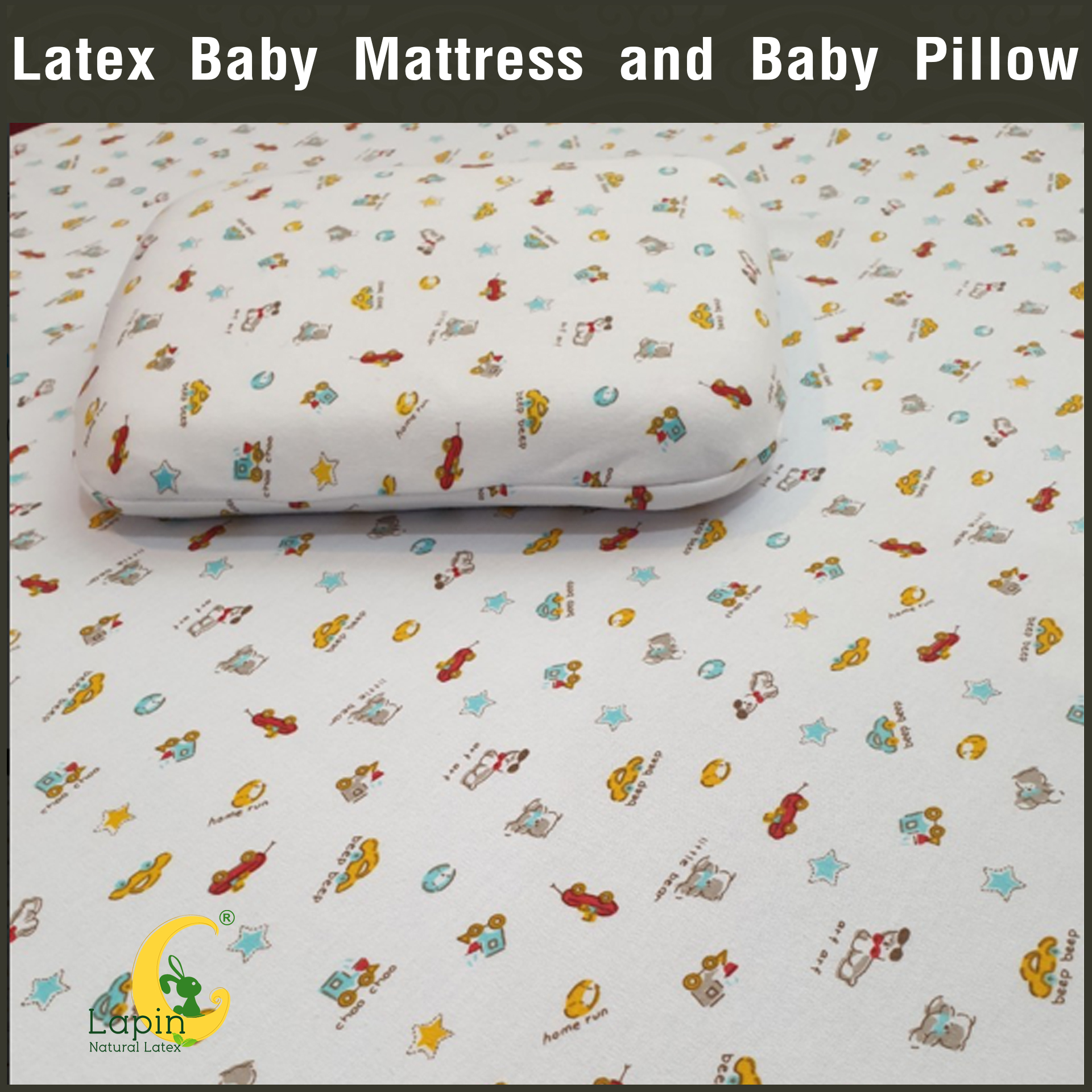 ที่นอนเด็กอ่อน + หมอนยางพาราแท้ *ผ่านมาตรฐาน (ลายรถ)