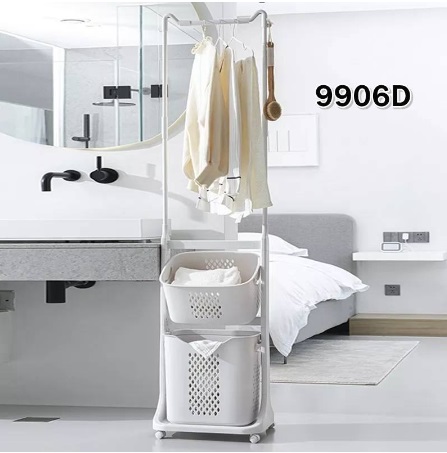 ตะกร้า ตะกร้า 2 ชั้นอเนกประสงค์ พร้อมราวแขวน มีล้อ อุปกรณ์ซักผ้า YL139-YF-1676-D