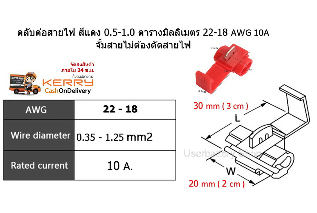 ( 14 ชิ้น ) ตลับต่อสายไฟรถยนต์ ( สีแดง ) 0.5-1.0 Sq.mm. 22-18 AWG 10A.