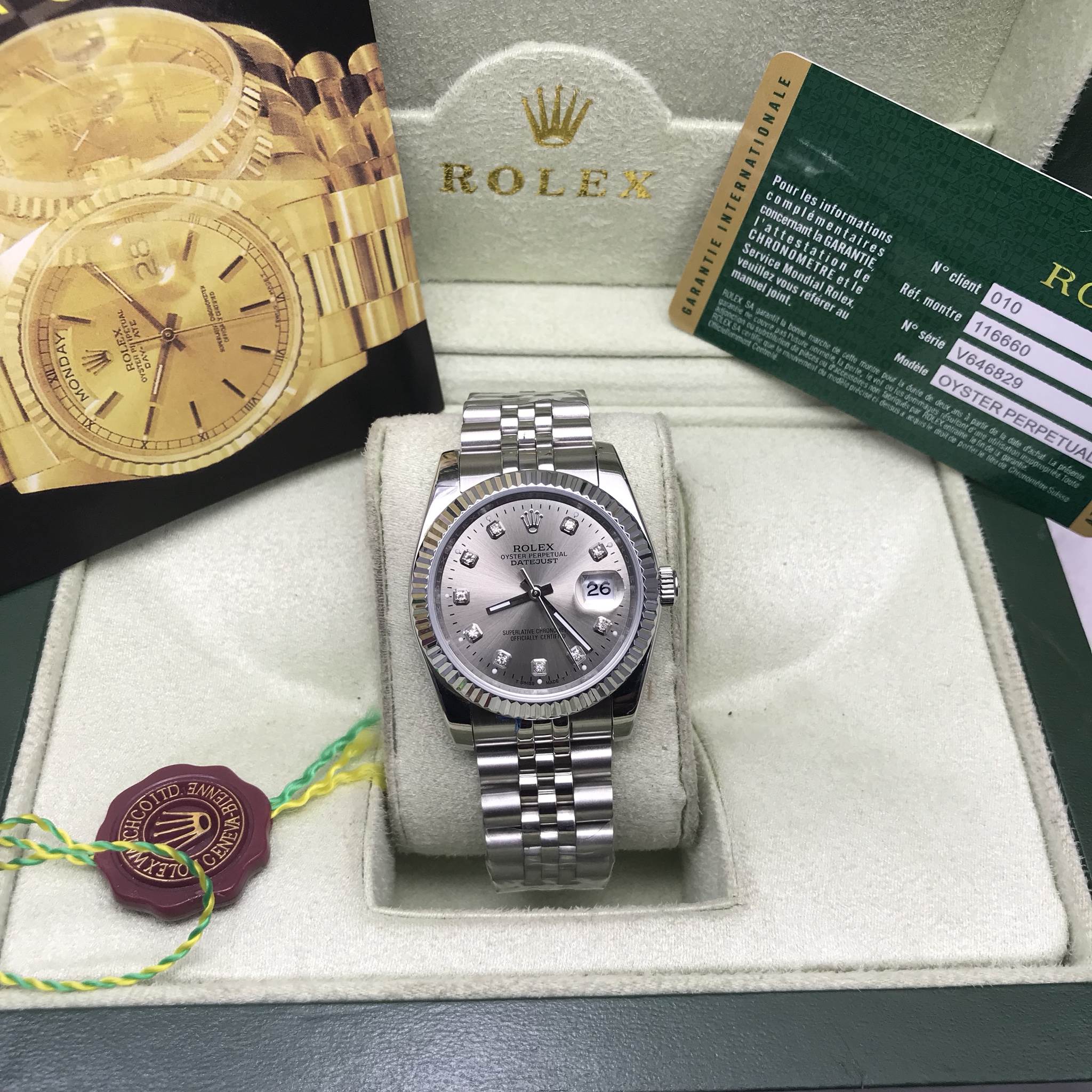 นาฬิกา Rolex รุ่น DateJust สีเงิน สาย Stainless 5 ข้อ งาน Mirror Swiss เลขเพชร