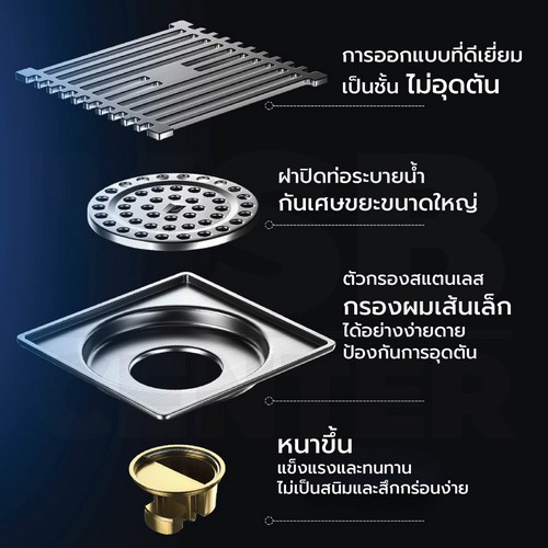 ตะแกรงระบายน้ำ สแตนเลส304 กันกลิ่น กันแมลง ลายเส้นสแตนเลสหนาตันไม่กลวง แกนท่อทองเหลือง CM0052 - CM0053