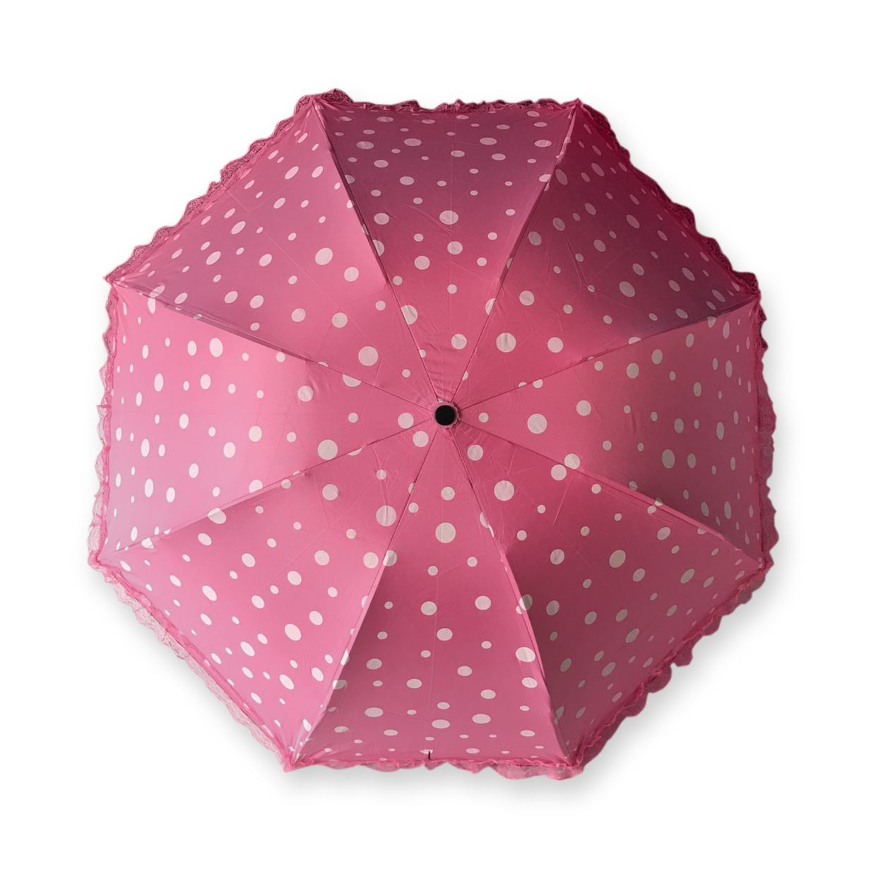 ร่มโค้งแฟชั่นลายจุดโดนแสงเปลียนสีได้ไม้มีระบายยูวีสีดำ