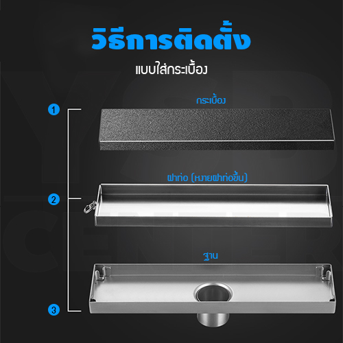 รางระบายน้ำ ท่อตรงกลาง สแตนเลส304 กันกลิ่น กันแมลง 2in1 ปูกระเบื้องบนฝาท่อได้