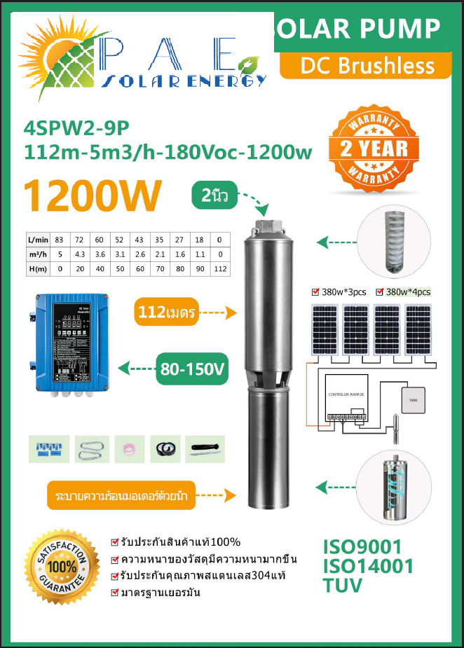 ปั้มบาดาล ซัมเมอร์ส Dc Brushless ขนาด 1200W รุ่น 4SPW2-9P-112m-5m3h-180Voc-1200W