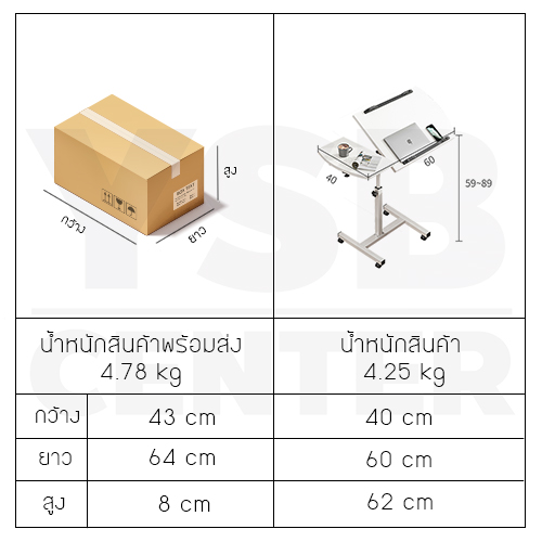 โต๊ะคอมพิวเตอร์ โต๊ะอ่านหนังสือ อเนกประสงค์ แบบท่อเหลี่ยม สอดใต้เตียง ปรับระดับ+ล้อเลื่อน 60X40 cm.