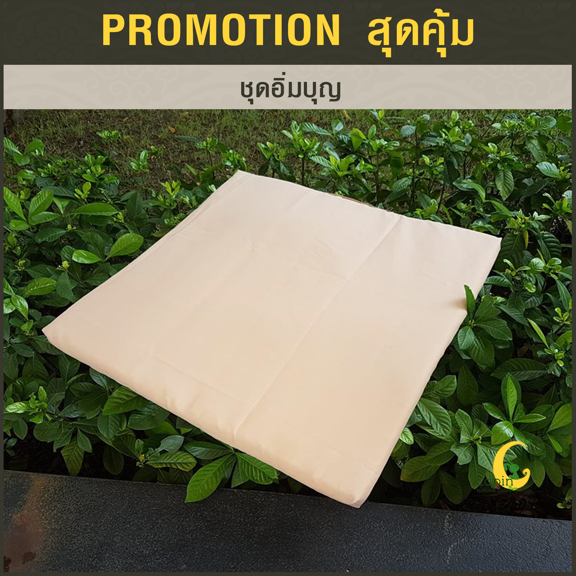 ชุดอิ่มบุญ3 หมอนยางพารา1+อาสนะ1+ปลอกคอตตอนน้ำตาล2 +กระเป๋า+การ์ด*รุ่นธรรมดาสีขาว*