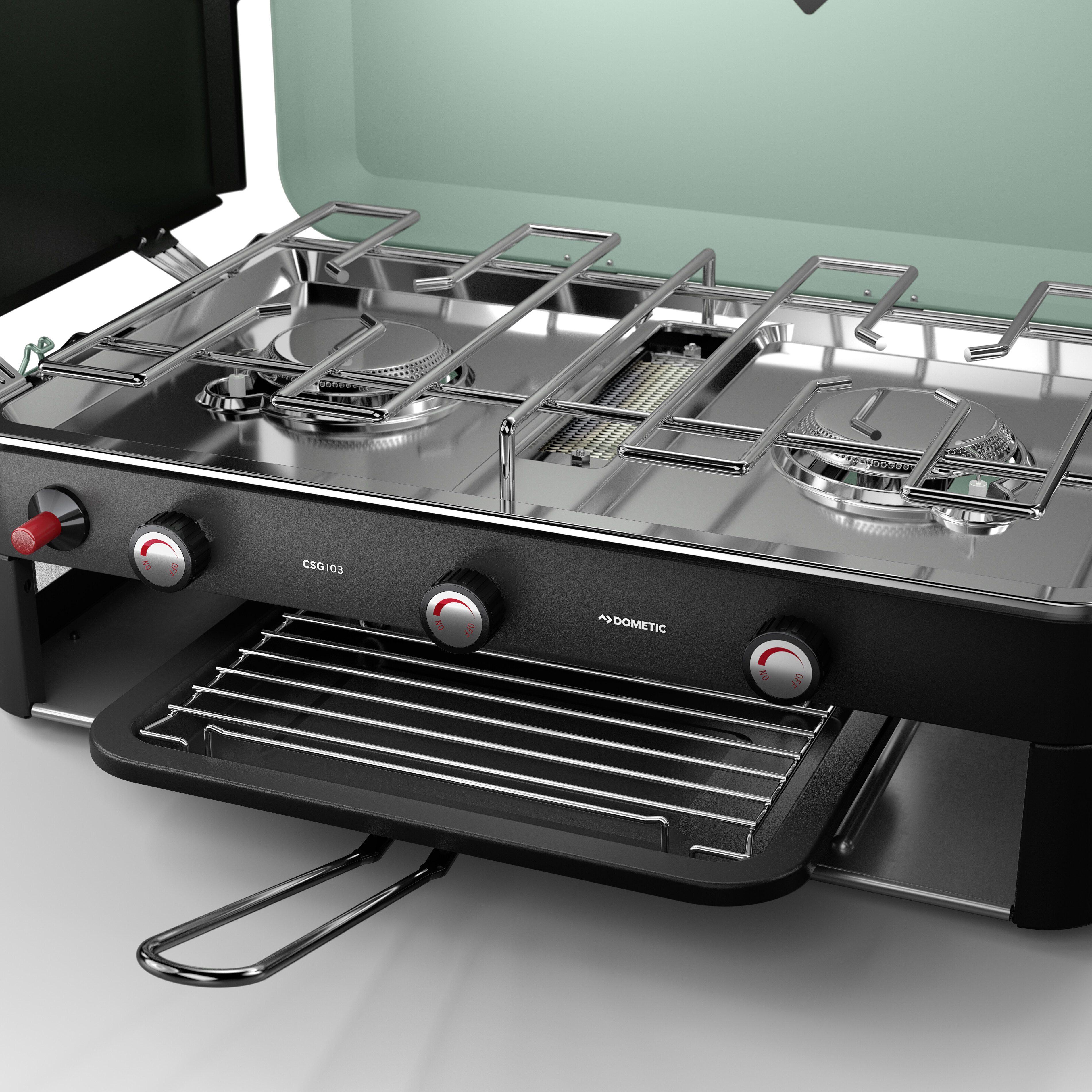 Dometic CSG103 PORTABLE GAS STOVE WITH GRILL เตาแก๊สพกพา 3 หัว พร้อมที่ Grill ด้านล่าง