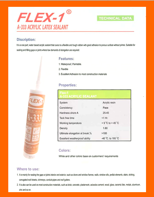 A-3 สีไม้สัก Teak ( ทีค ) กาวอะคริลิค ยาแนวรอยต่อ Acrylic Latex Sealant ขนาด 480 กรัม Flex One แห้งแล้ว ไม่กรอบ ชนิดยืดหยุ่น