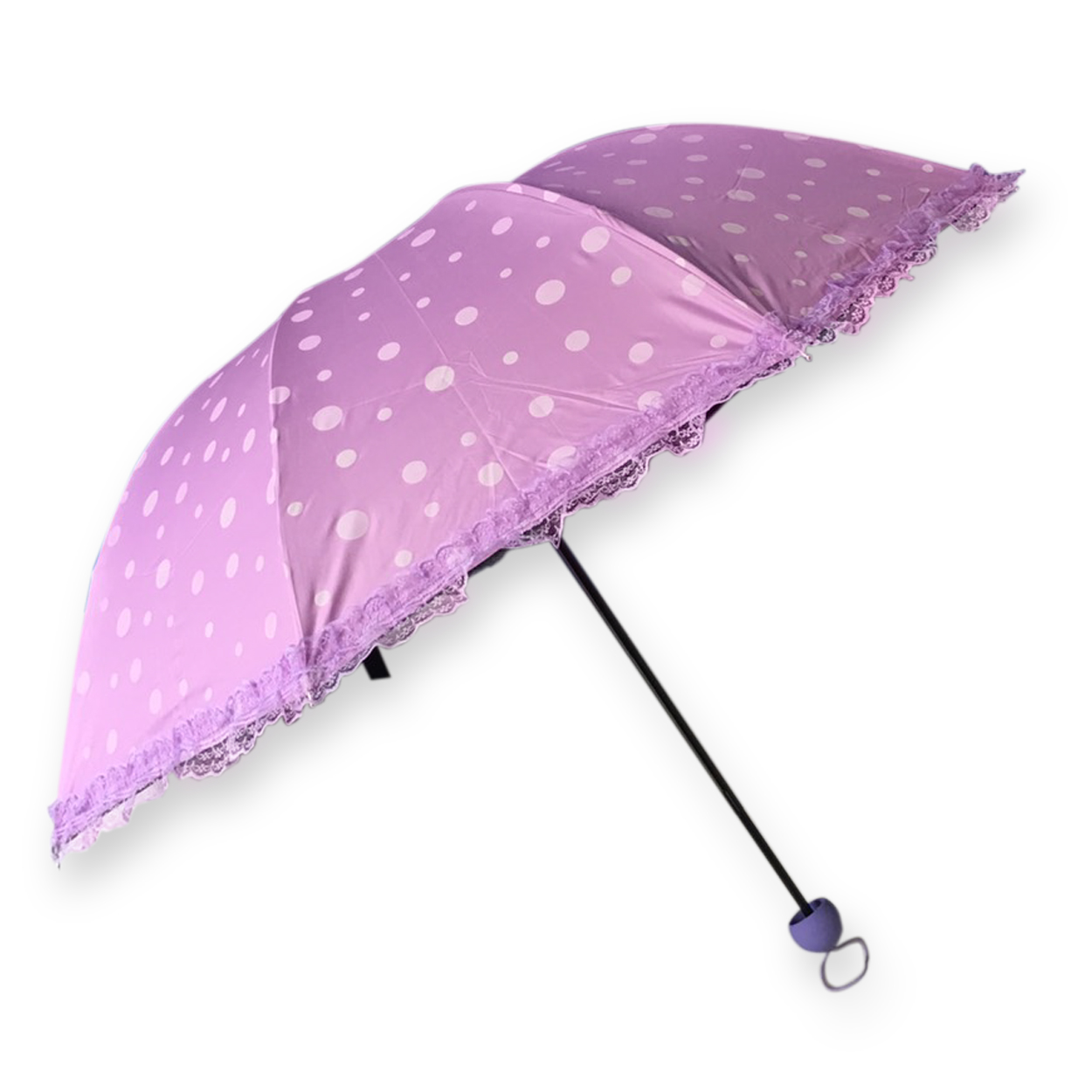 ร่มโค้งแฟชั่นลายจุดโดนแสงเปลียนสีได้ไม้มีระบายยูวีสีดำ