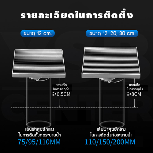 ตะแกรงระบายน้ำ สแตนเลส 304 กันกลิ่น กันแมลง ทรงสี่เหลี่ยมลายเส้นตรง รุ่น CM0022 - CM0029