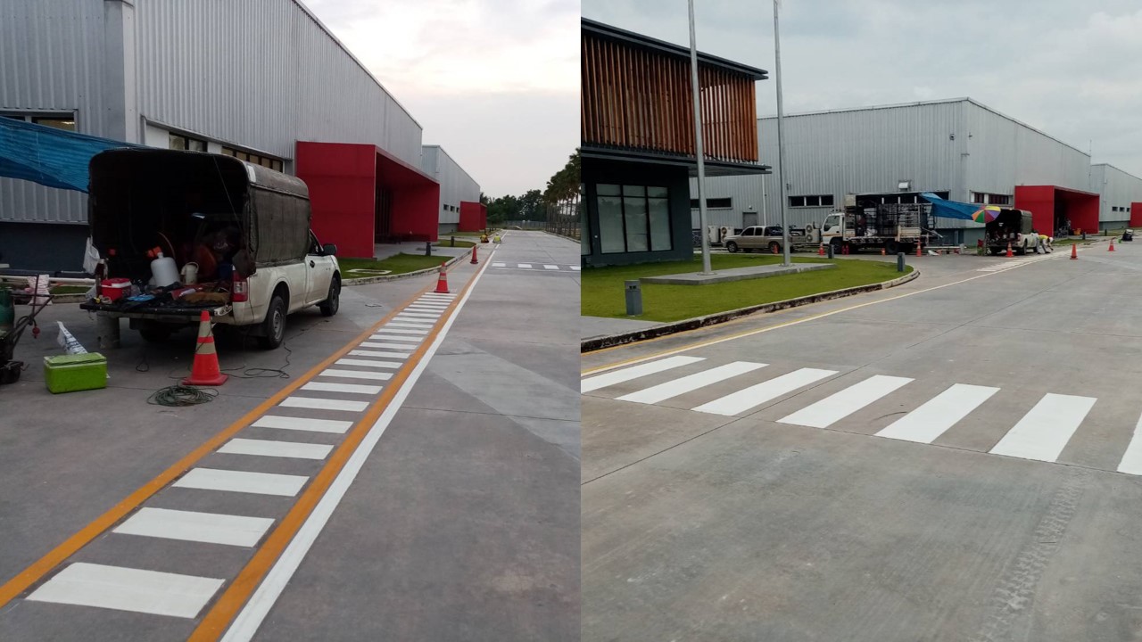 งานตีเส้นด้วยสีเทอรืโมพลาสติก,สีพื้นกันลื่นภายในโรงงาน