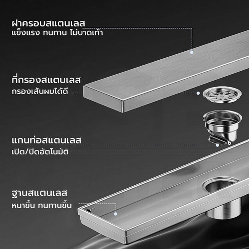 รางระบายน้ำ สแตนเลส 304 กันกลิ่น กันแมลง รางระบายน้ำ 2in1 ปูกระเบื้องบนฝาท่อได้ ขนาด 30 cm รุ่น CL0009 - CL0016