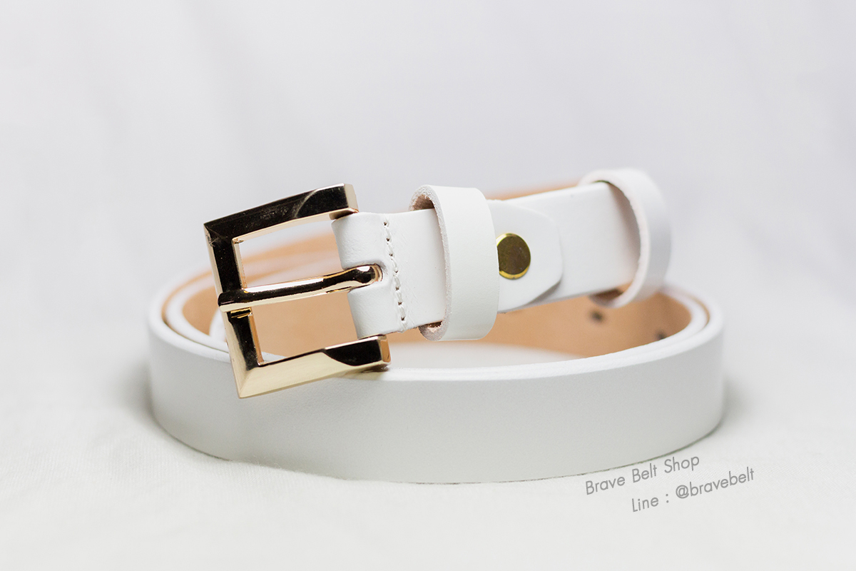 เข็มขัดหนังสีขาว หนังแท้ผู้หญิง หัวสีทองสวย