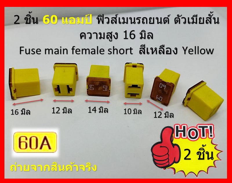 2 ชิ้น 60 แอมป์ DC 9V-32V.ฟิวส์เมนรถยนต์ PEC ตัวเมียสั้น ความสูง 16 มิล Fuse main female short สีเหลือง Yellow