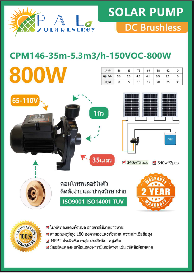 ปั๊มหอยโข่งโซล่าเซลล์ 800W ขนาด 1 นิ้ว รุ่น CPM146-35m150Voc-800W