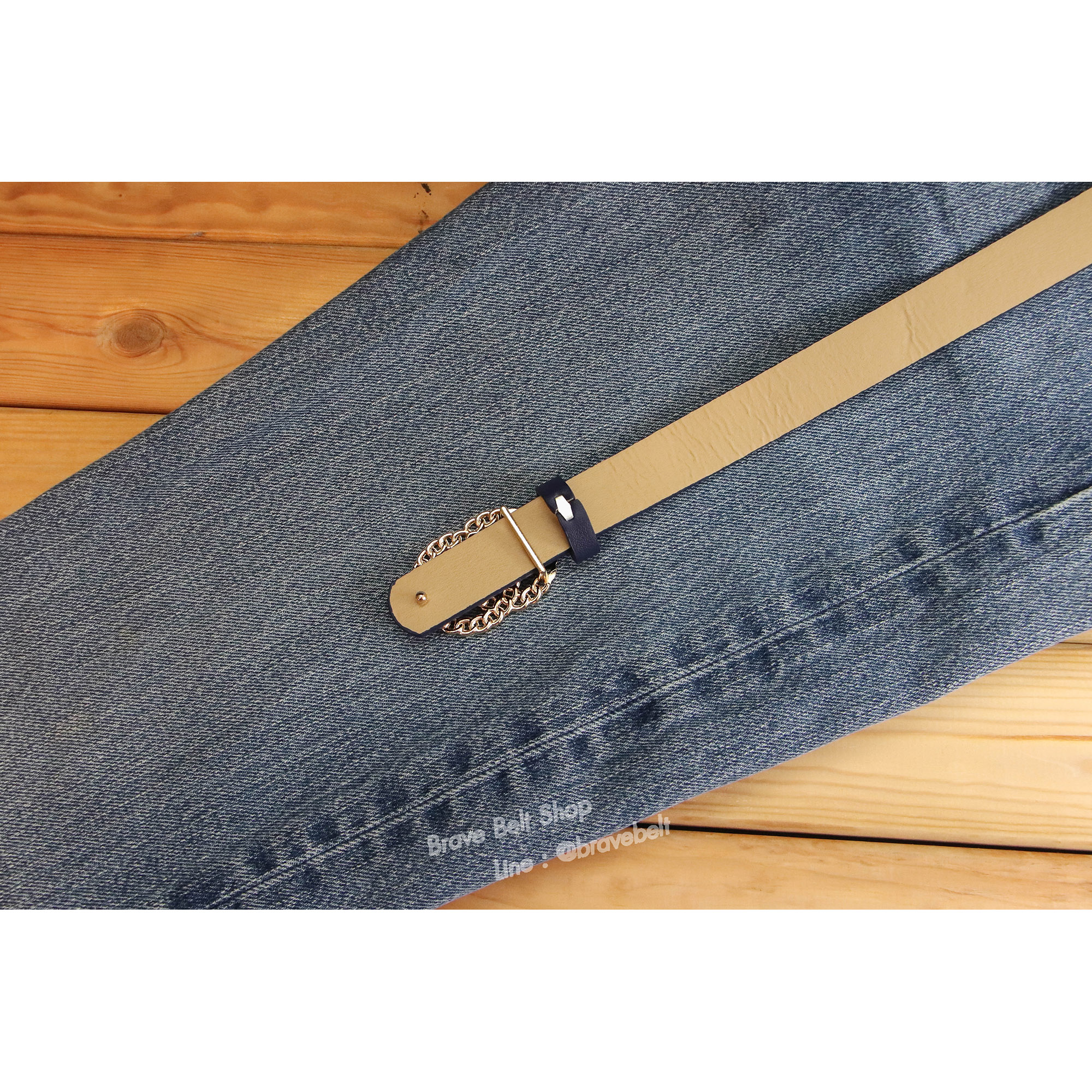 เข็มขัดแฟชั่นสีน้ำเงิน หัวเข็มขัดสีทองสวย
