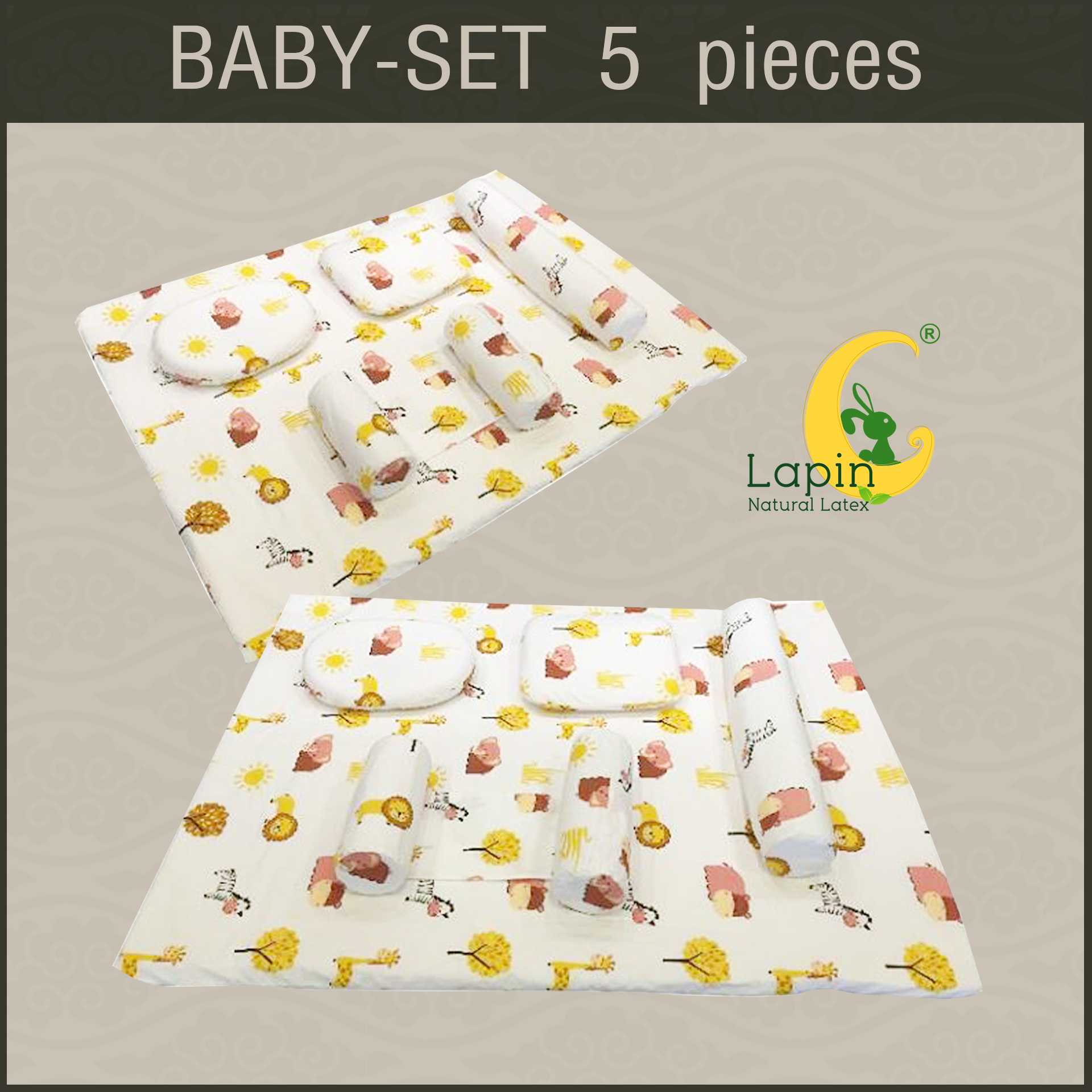 ที่นอนเด็กอ่อนยางพาราแท้ set 5 ชิ้น (ขอบตั้งไม่ได้)(SE1) ลายช้างต้นไม้