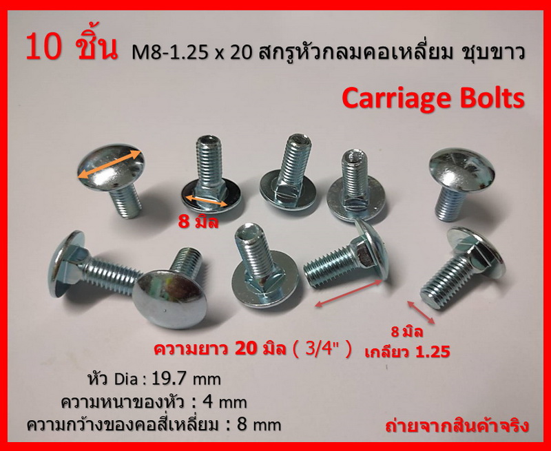 10 ชิ้น M8-1.25 x 20 มิล สกรูหัวกลมคอเหลี่ยม ระบบมิล ชุบขาว Carriage Bolts
