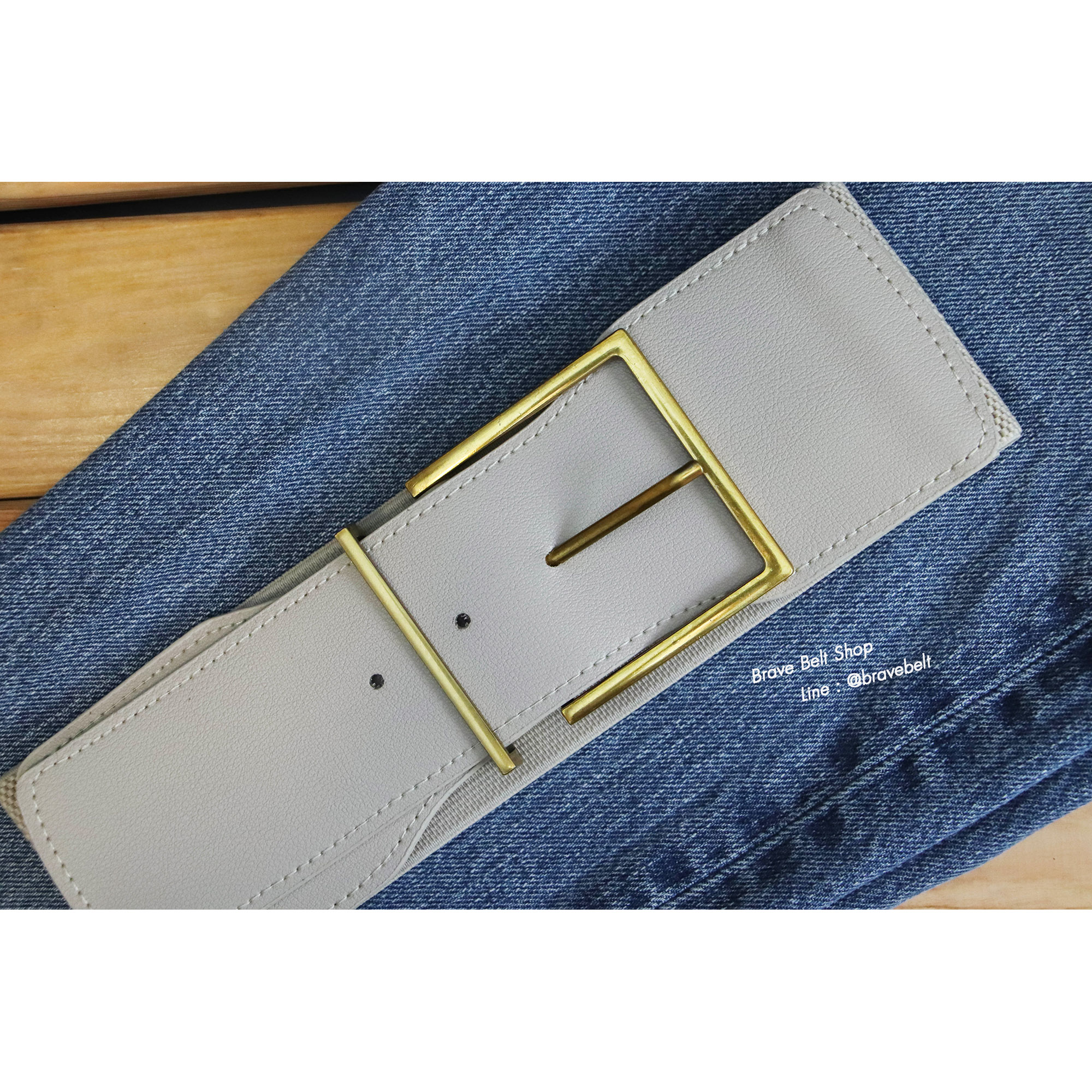 เข็มขัดผ้ายืดได้ สีเทาหัวเข็มขัดสีทอง