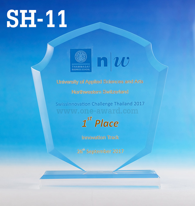 Code: SH-11 โล่อะคริลิค ความสูงตัวโล่ 6-8 นิ้ว ความหนาอะคริลิค 15 มม. พร้อมเลเซอร์ข้อความและโลโก้ ลงสีได้ไม่เกิน 2 สี ***ราคาเริ่มต้นที่ 780 บาท (ความสูง 6 นิ้ว เมื่อสั่งสินค้า 5 ชิ้น ขึ้นไป)***