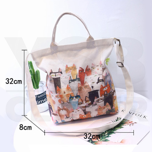 CASSA กระเป๋าผ้า กระเป๋าผ้าแคนวาส กระเป๋าสะพายข้าง ลายการ์ตูนน้องเหมี้ยวสุดน่ารัก สายปรับได้