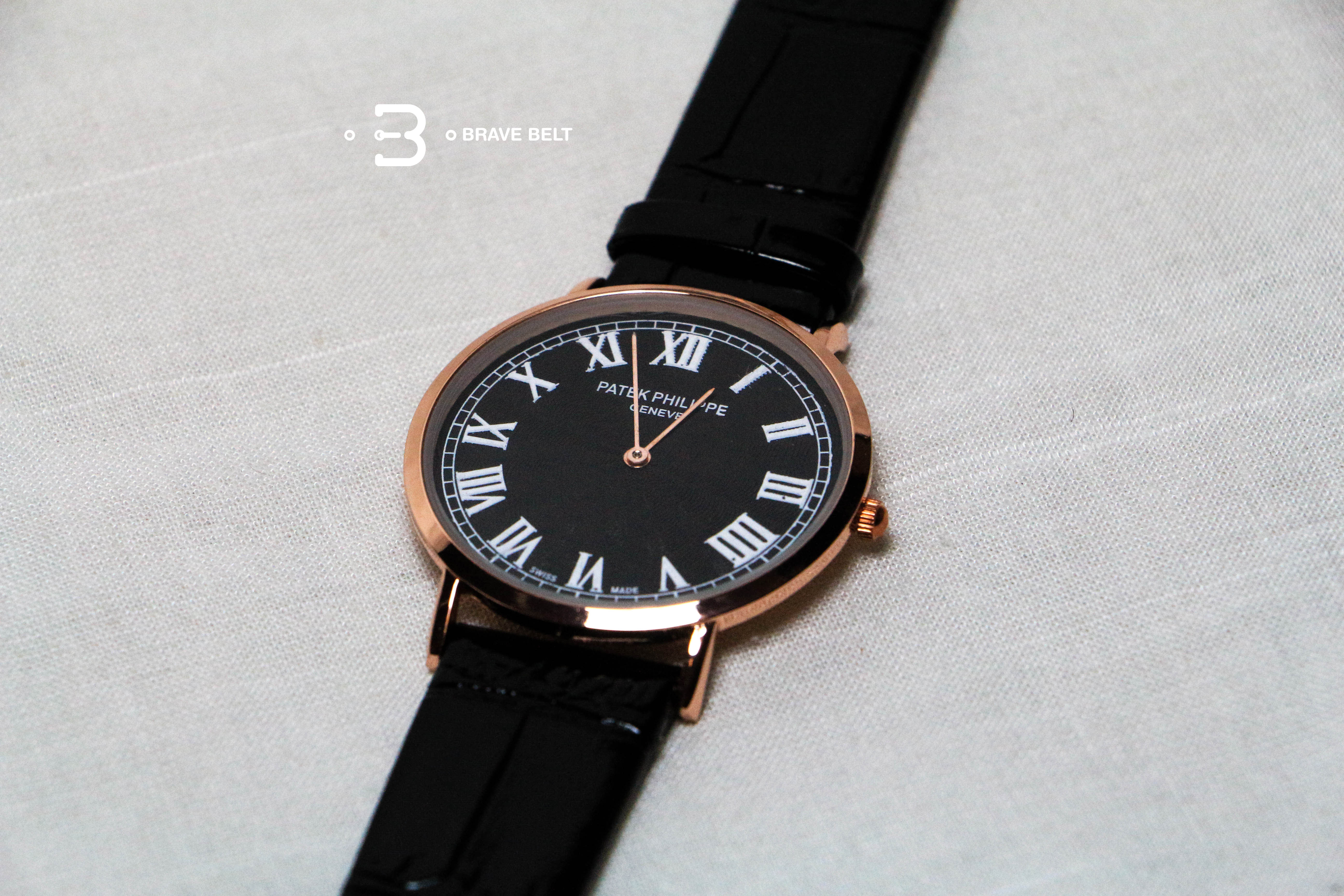 นาฬิกา patek philippe หน้าปัดดำ เลขโรมัน ขอบทองสายดำ