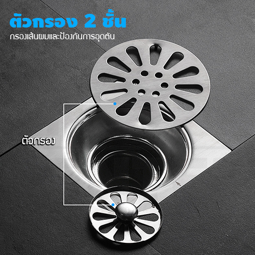 ตะแกรงระบายน้ำ สแตนเลส 304 กันกลิ่น กันแมลง ตัวกรอง 2 ชั้น แข็งแรง ขนาด 12 x 12 cm