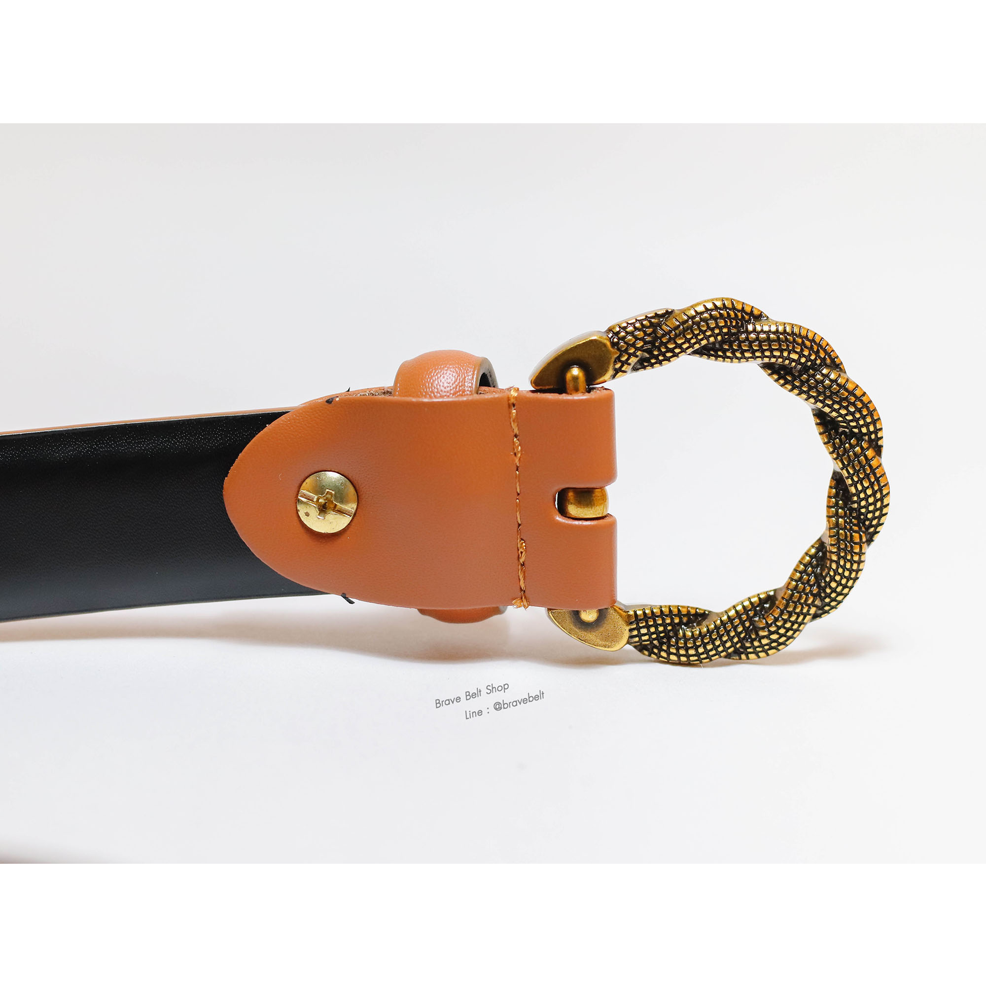 เข็มขัดผู้หญิงสีน้ำตาลหนังแท้ หัวเข็มขัดสีทอง