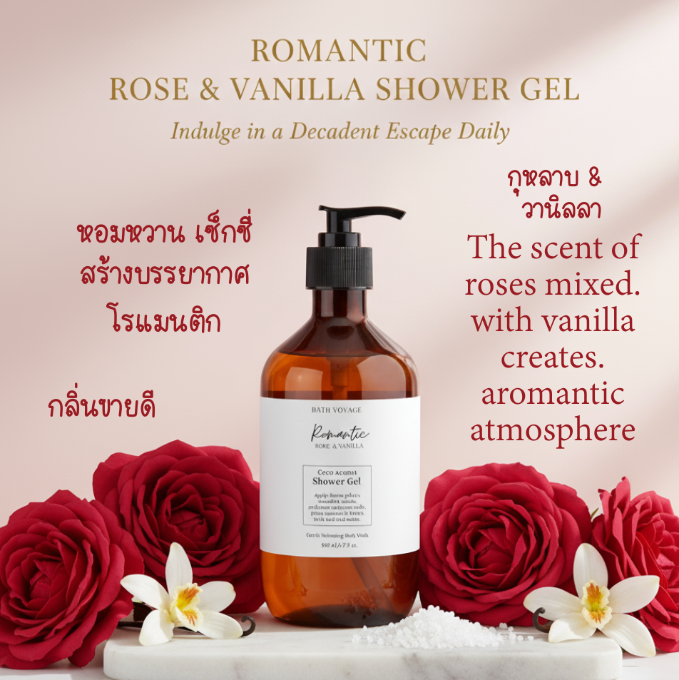 เจลอาบน้ำ โคโค่ อโรม่า 500ML Romantic Rose อาบสะอาดหอมสดชื่น สบู่เหลวอาบน้ำ กลิ่นกุหลาบ&วานิลลา - Coco aroma Shower gel Romantic Rose