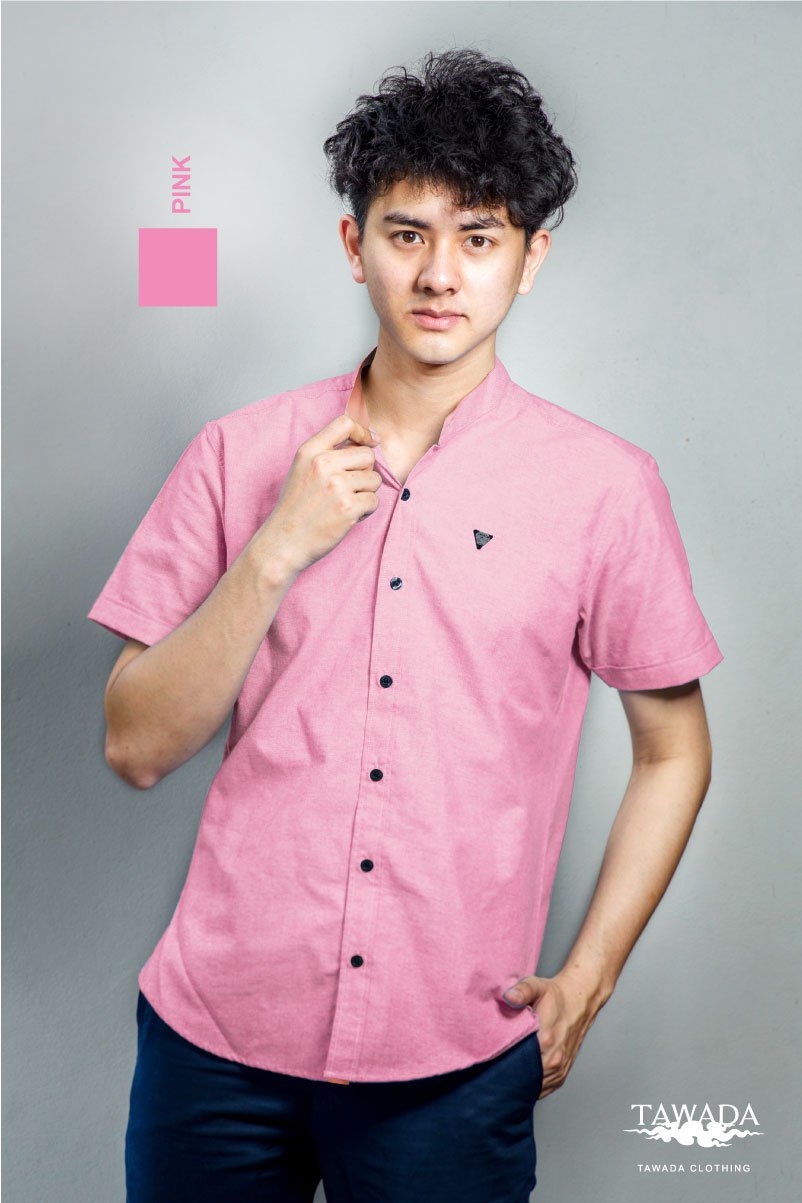 แขนสั้น คอจีน สีชมพูเข้ม mandarin collar Pink