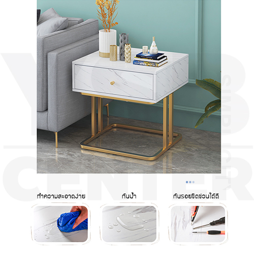 โต๊ะข้างเตียง ตู้ข้างเตียง ชั้นวางของข้างเตียง โต๊ะอเนกประสงค์ เฟอร์นิเจอร์ห้องนอน สีขาวลายหินอ่อนโครงสีทอง