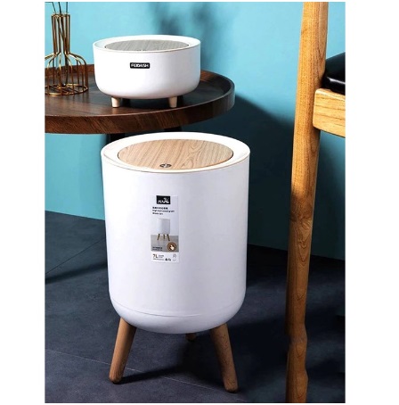 ถังขยะ ถังขยะพลาสติก แบบตั้งพื้น (แบบกด) ลายไม้ สไตล์มินิมอล YL138-YF-1672 กลม 7L Big