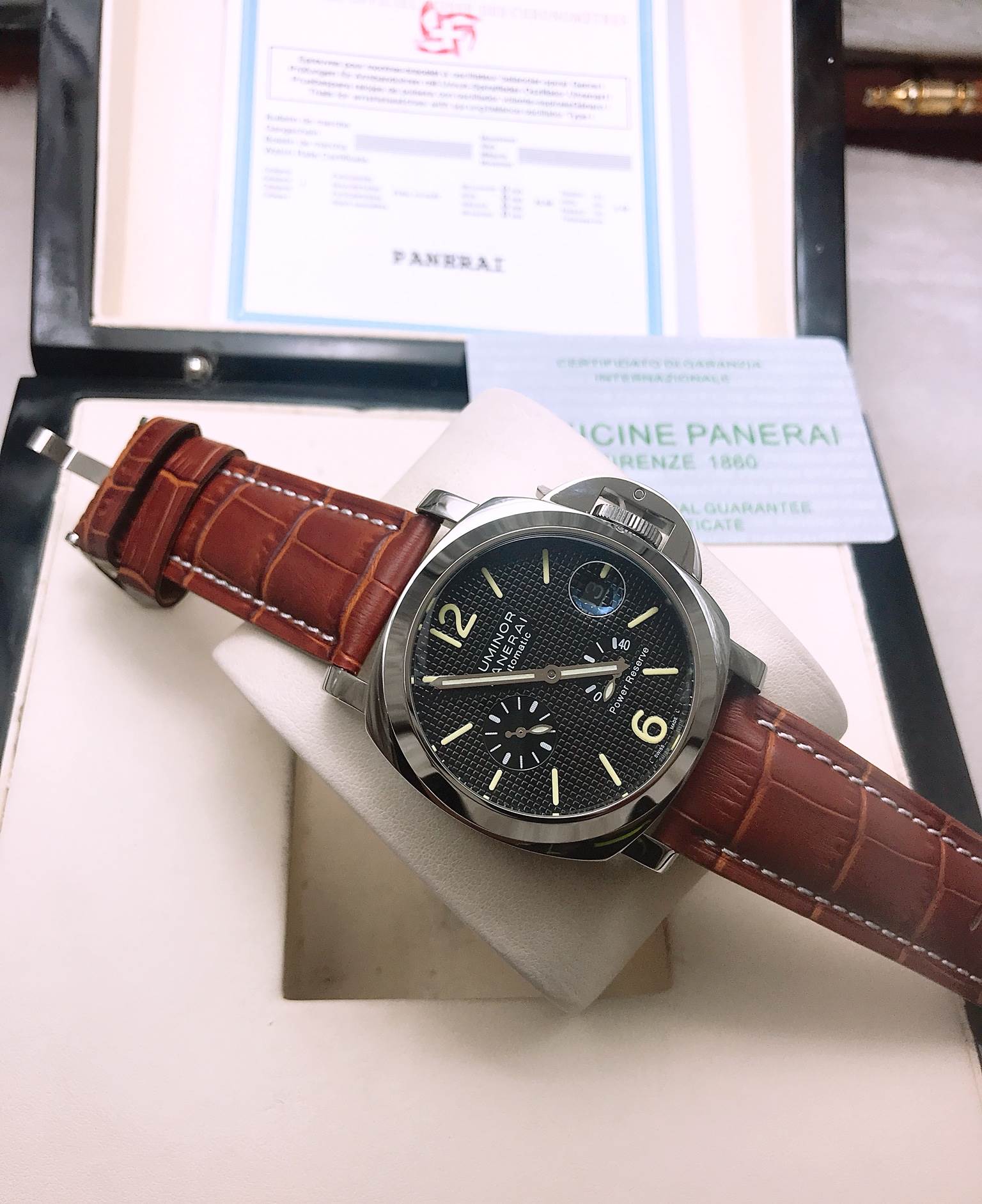นาฬิกา Panerai รุ่น Power Reserve สีเงิน สายหนังน้ำตาล หน้าดำ งาน Mirror Swiss