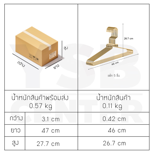 ไม้แขวน สแตนเลสชุบสีทอง ไม้แขวนไลฟ์สด ไม้แขวนห้องเสื้อ รักษาทรง แพค 5 รุ่น CB0170 - CB0171