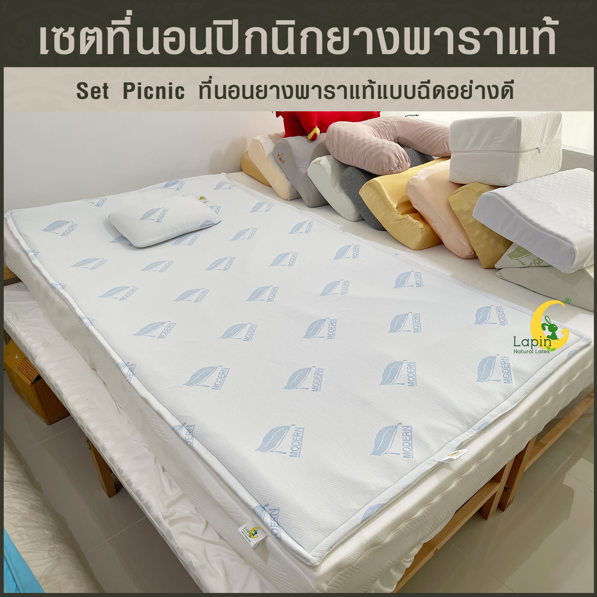 ชุดที่นอนปิกนิกอย่างดี (set picnic) ฟรีหมอนยางพาราแท้ขนาดมินิ 1 ใบ (สีฟ้า)