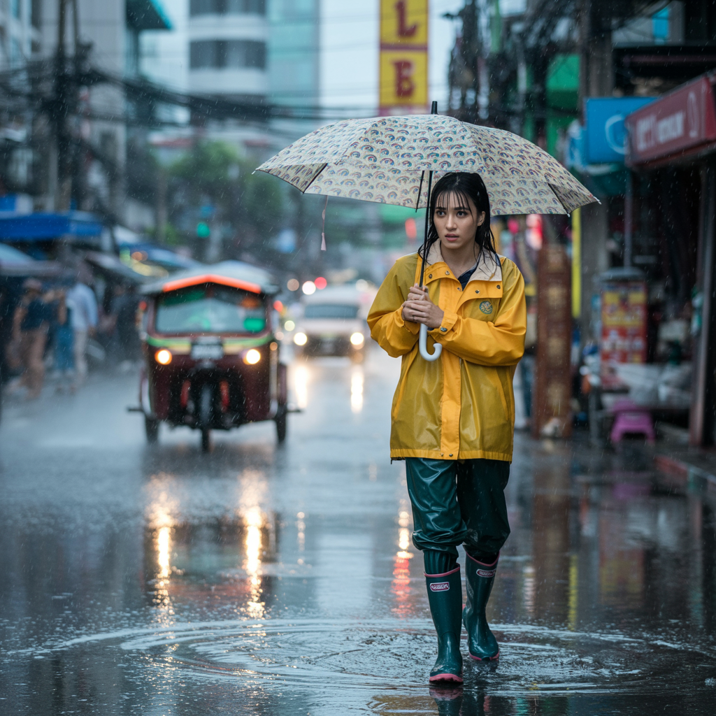 ภาพการป้องกันตัวเองจากโรคในหน้าฝน สวมรองเท้าบูท กางร่ม สวมเสื้อกันฝน