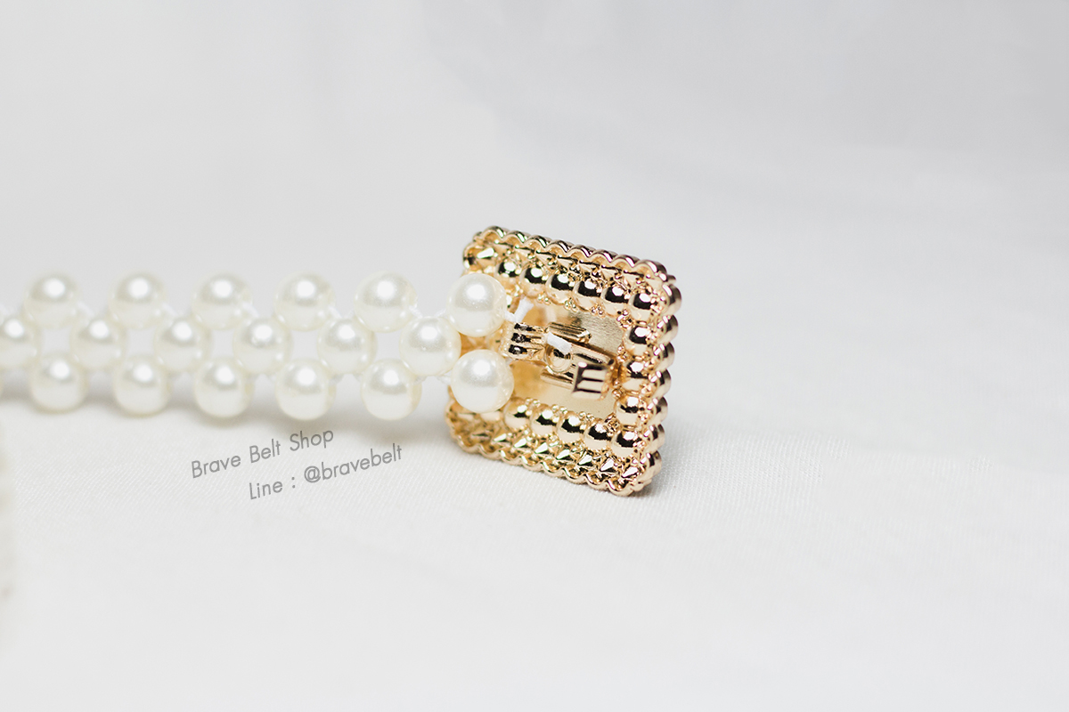 เข็มขัดไข่มุกเส้นเล็ก หัวเหลี่ยมสวย เพรชประดับ