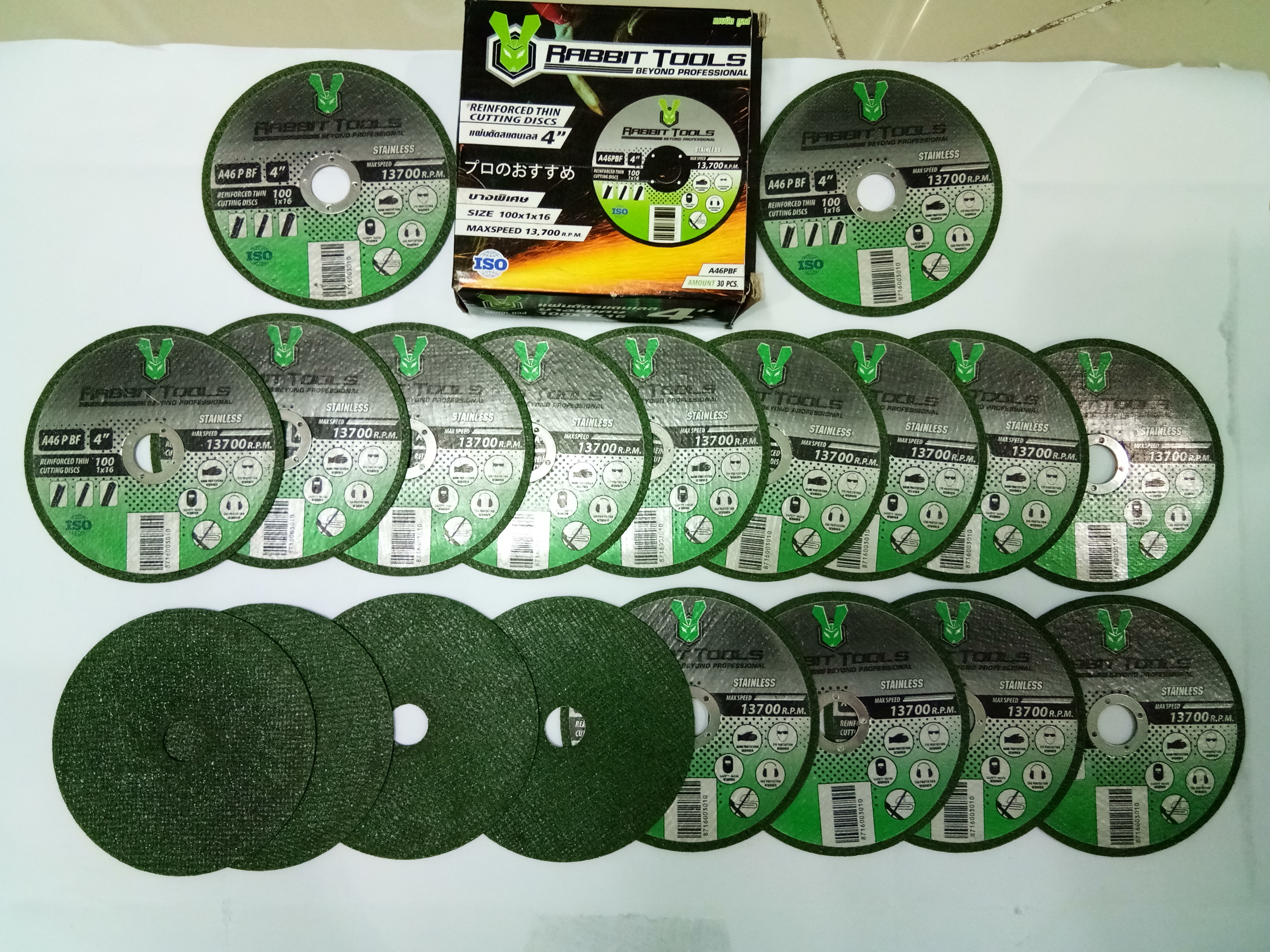 ใบตัดสแตนเลส STL 4 นิ้ว สีเขียว บาง 1 มิล A 46 P BF 30 ใบต่อกล่อง Rabbit Tools.