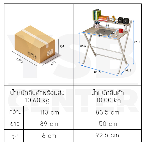 โต๊ะคอมพิวเตอร์ โต๊ะเขียนหนังสือ โต๊ะทำงาน พร้อมชั้นวางแบบกาง / พับได้ ขนาด 80x50 cm.