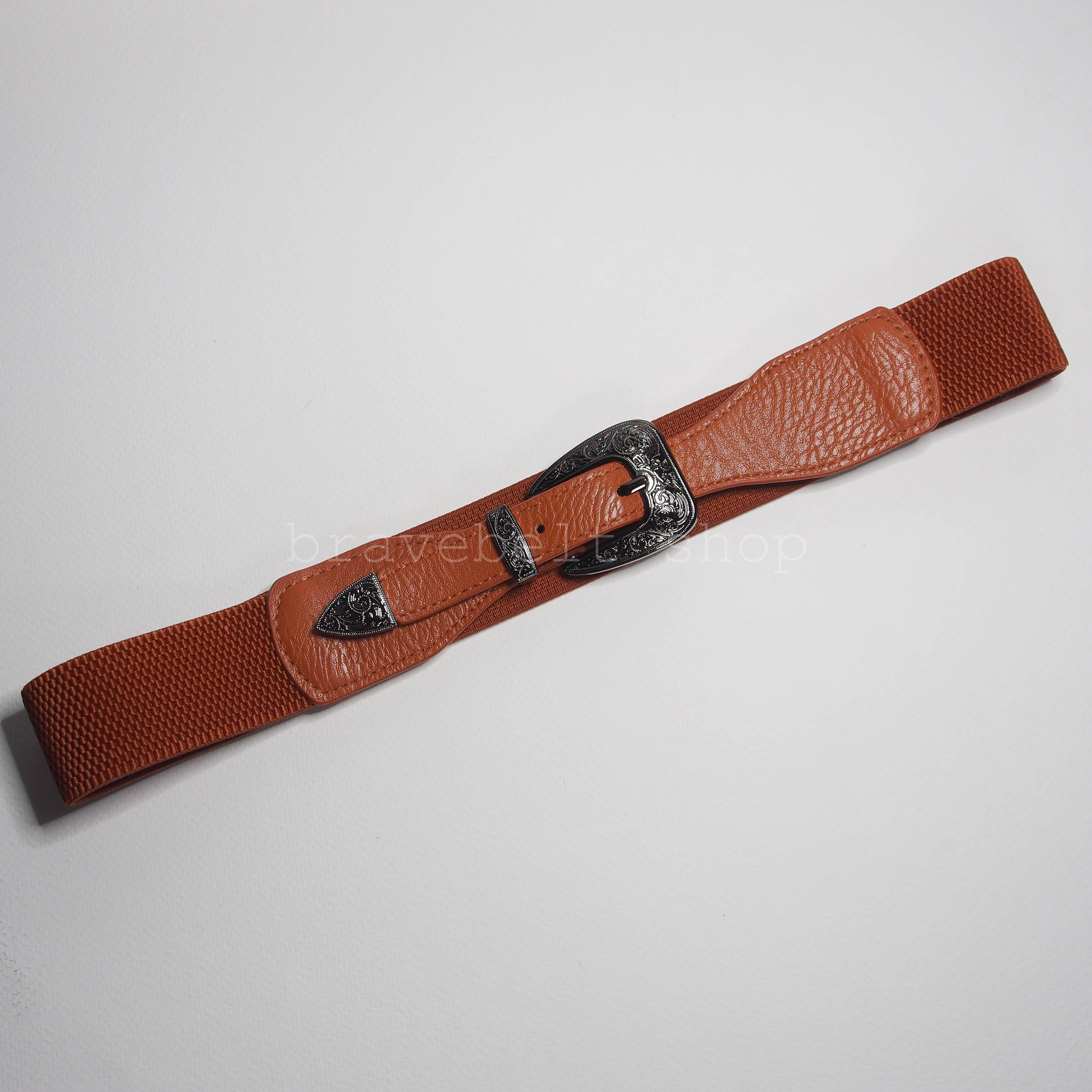 เข็มขัดวินเทจผู้หญิงฟรีไซต์แบบยางยืด เข็มขัดสีน้ำตาลสวยน่าใส่มาก