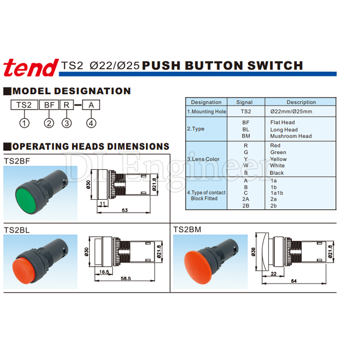 TEND PUSHBUTTON SWITCH สวิตช์ปุ่มกดหัวนูน Ø22/Ø25 TS2BL SERIES 3A 240VAC