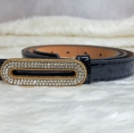 เข็มขัดแฟชั่นผู้หญิง หัวทรงโค้งวงรี ฝั่งเพชรหนังเงา